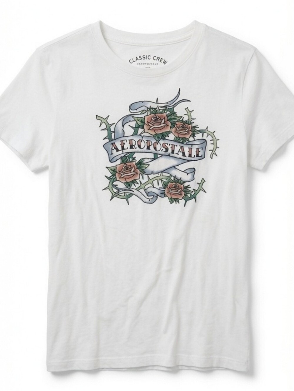 Aeropostale Womens Rose with Vines‎ Graphic White T-Shirt Size L Y2K Style Punk